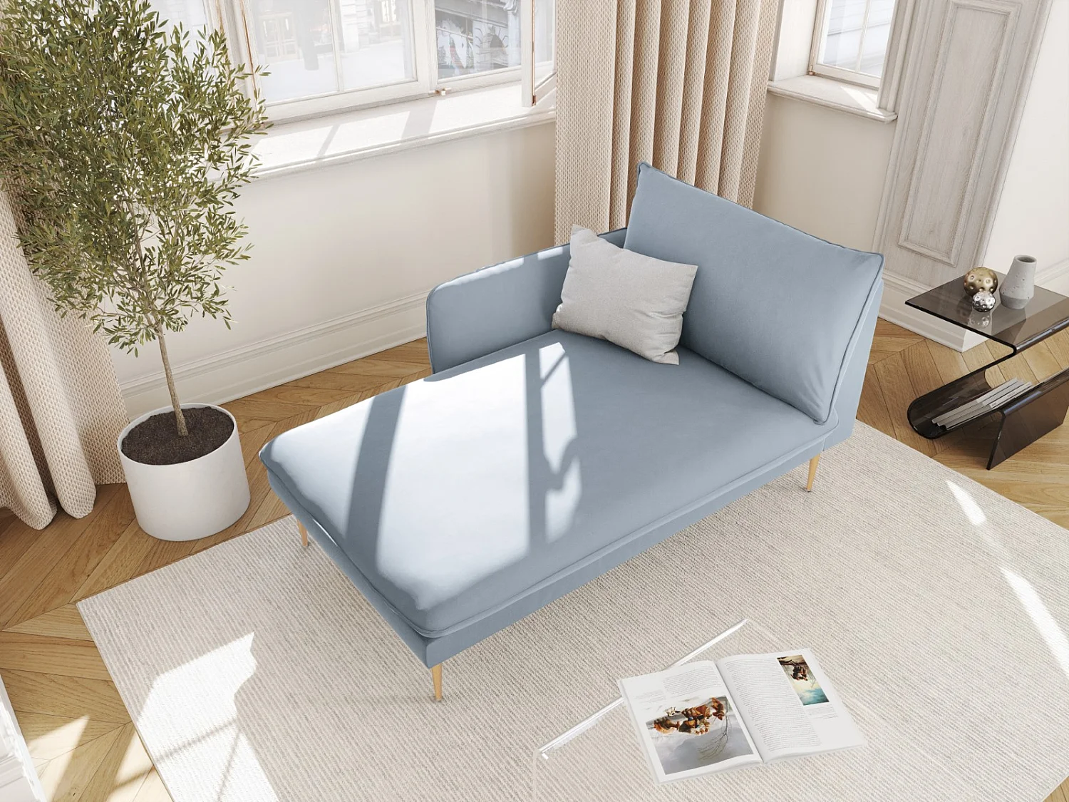 Cosmopolitan Design - Chaise longue esquerda "Vienna" em veludo azul claro - 170x110x95cm