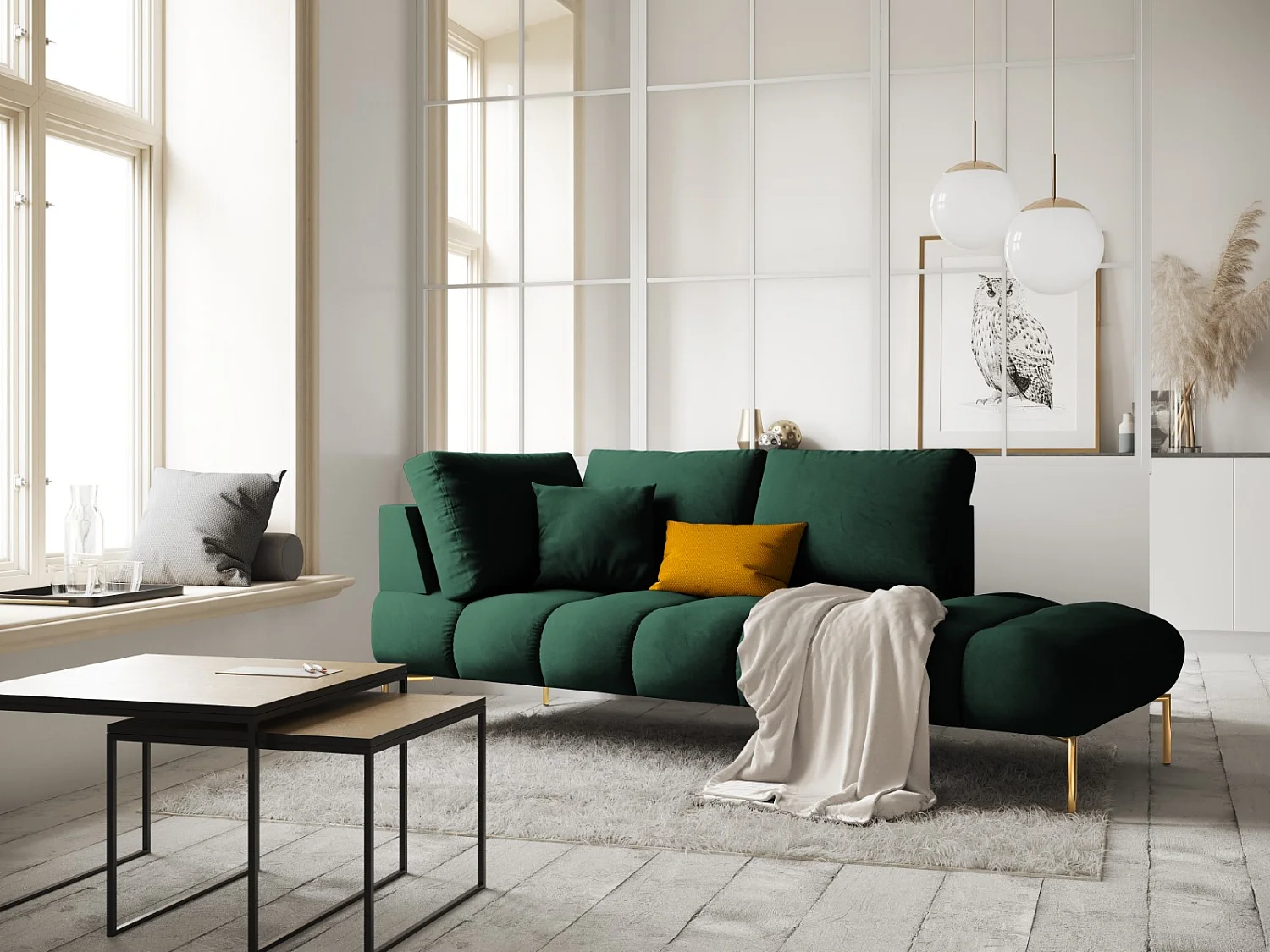 Cosmopolitan Design - Méridienne droite "Hastings" 2 places en velours vert bouteille - 216x102x75cm