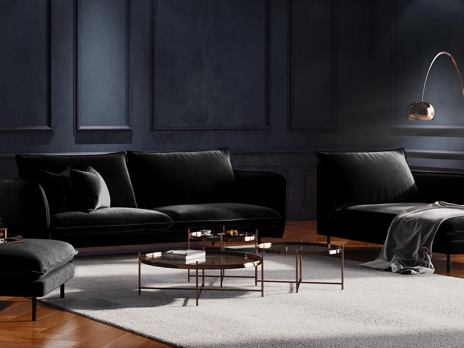 Cosmopolitan Design - Méridienne droite "Vienna" en velours noir - 170x110x95cm