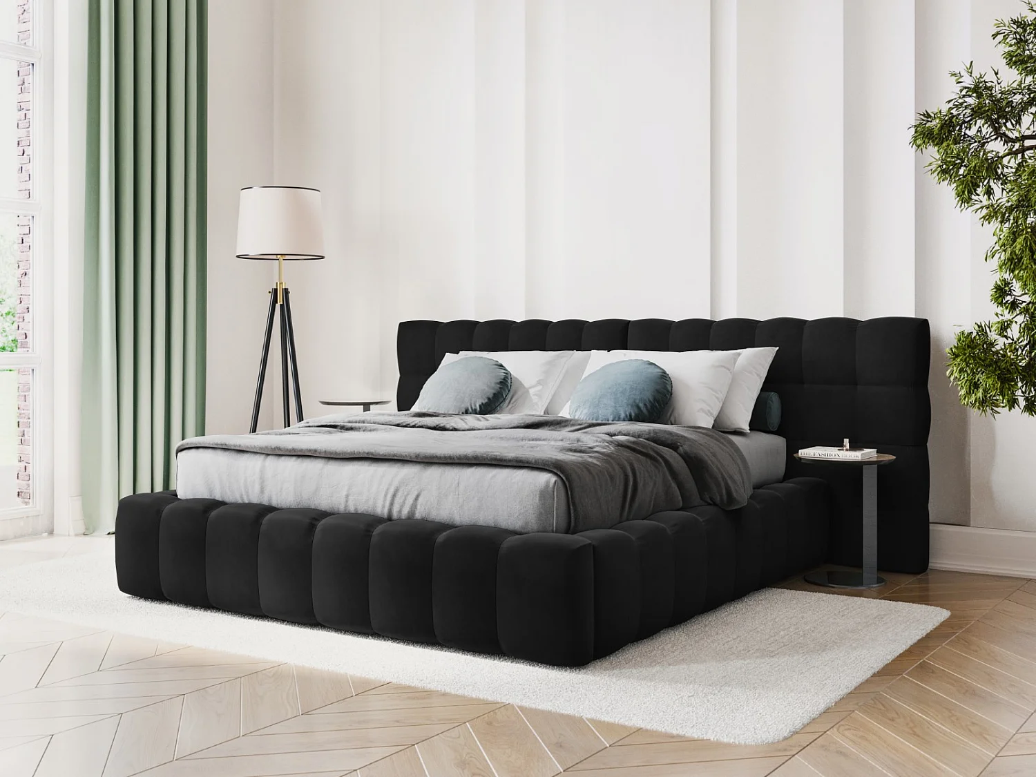 Cosmopolitan Design - Opbergbed met dubbel hoofdbord "Bali" 140x200cm, Flueel, Zwart - 230x200x100cm