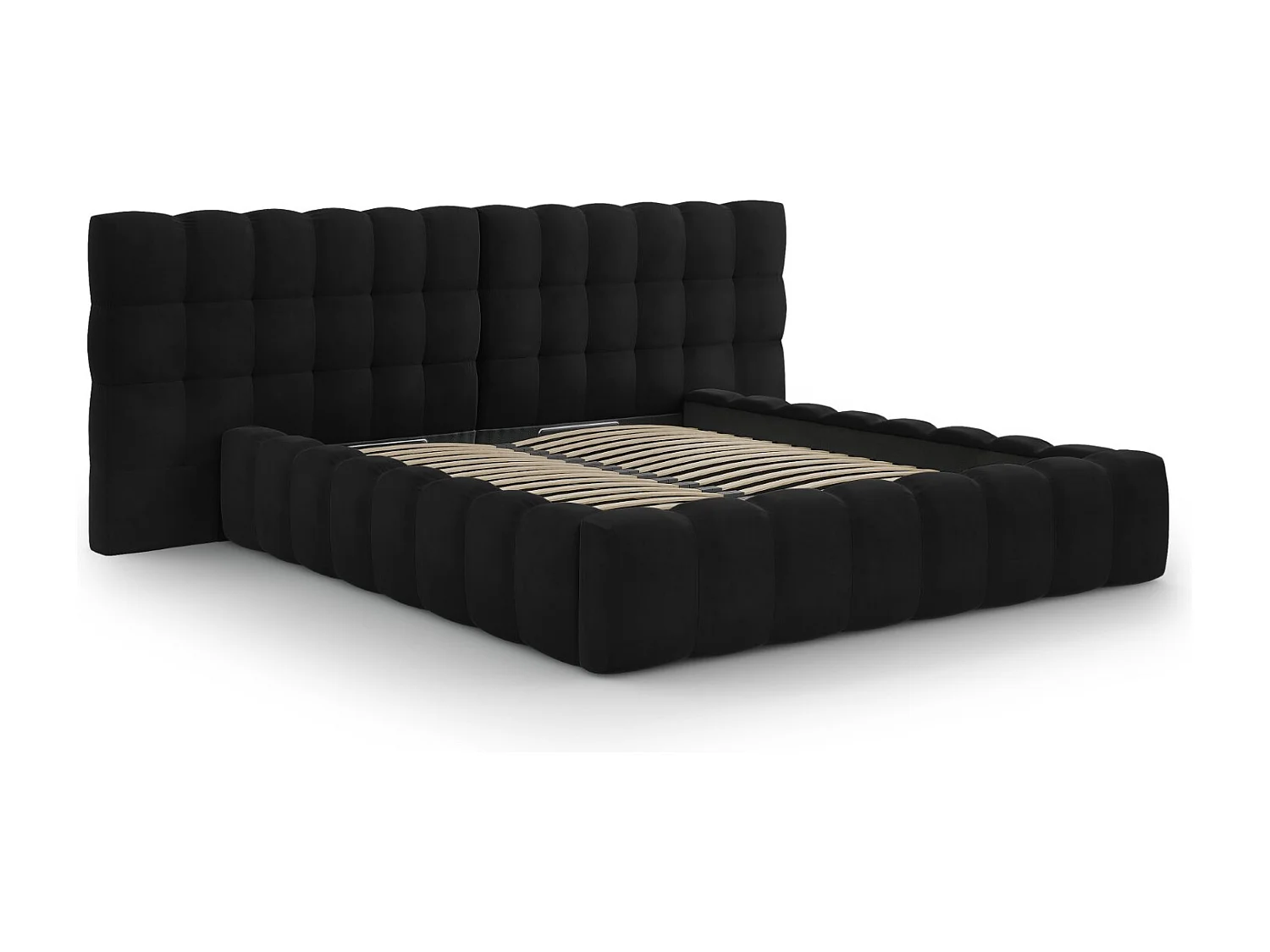 Cosmopolitan Design - Opbergbed met dubbel hoofdbord "Bali" 140x200cm, Flueel, Zwart - 230x200x100cm