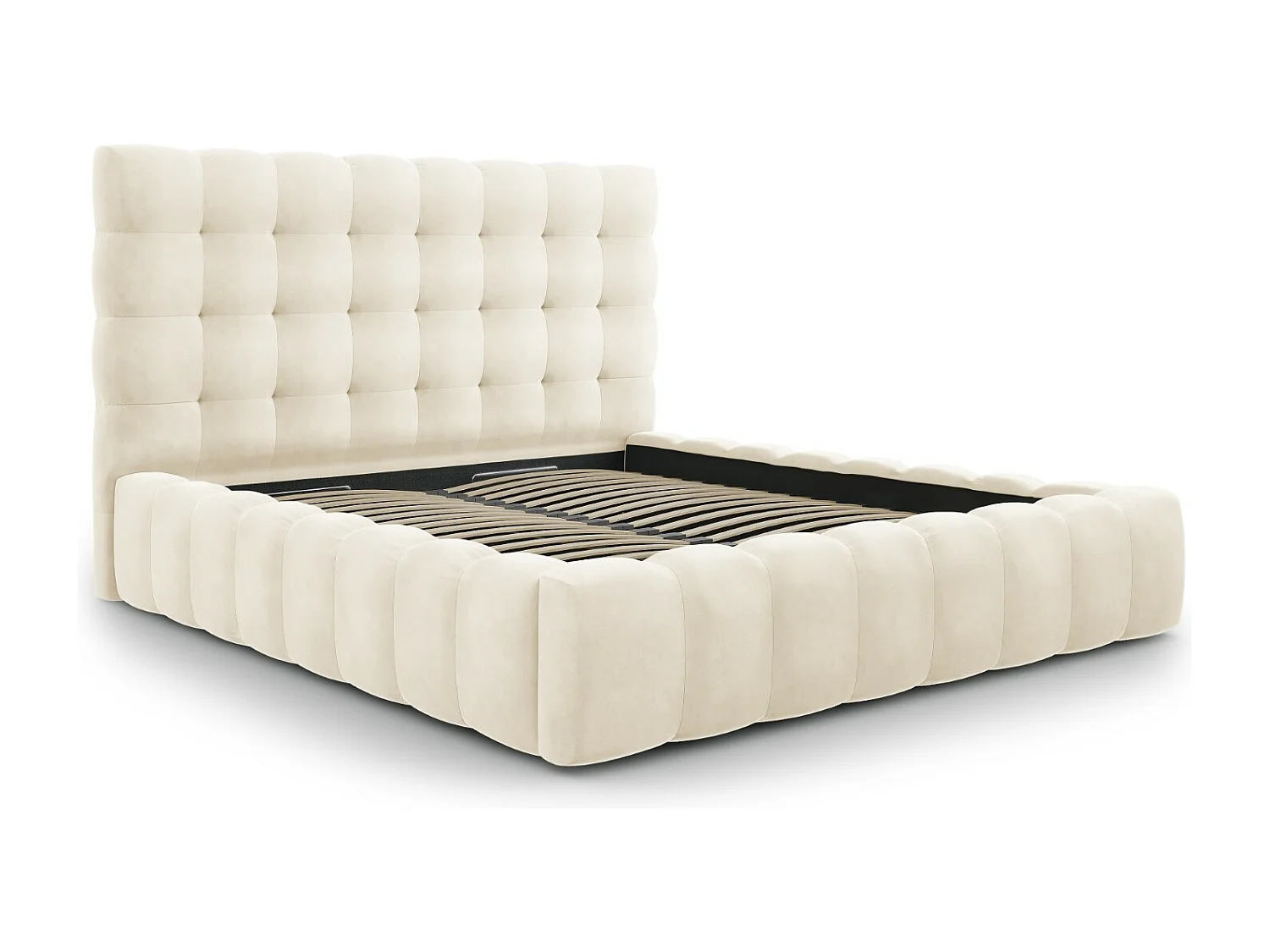 Cosmopolitan Design - Opbergbed met hoofdeinde "Bali" 200x200cm, Flueel, Lichtbeige - 230x225x125cm