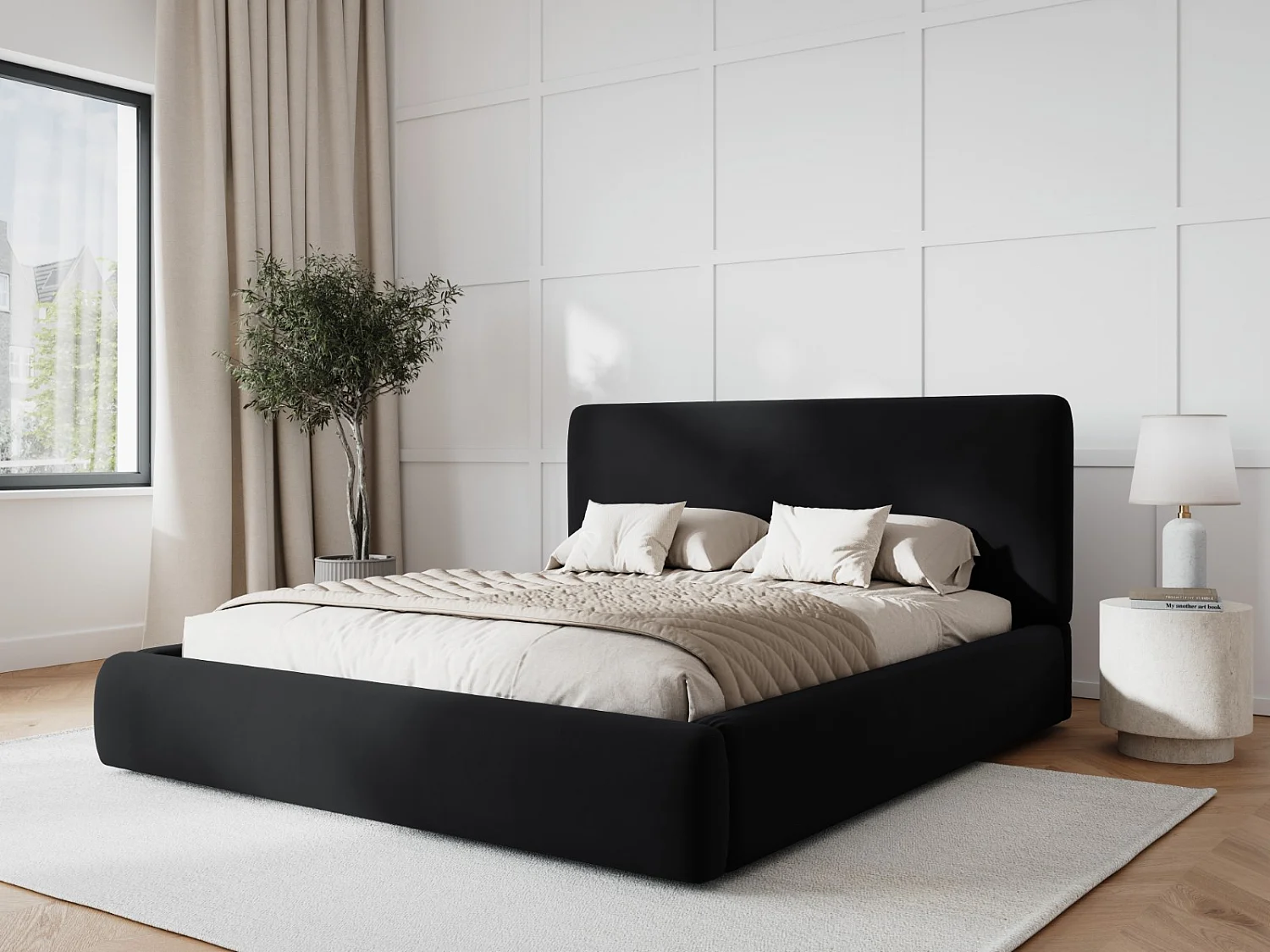 Cosmopolitan Design - Bett mit Bettkasten und Kopfteil "Colonel" 140x200cm aus Samt schwarz - 220x160x100cm
