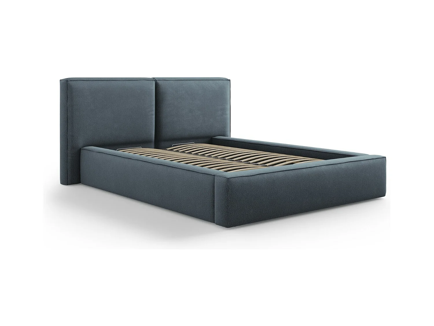 Cosmopolitan Design - Lit coffre avec tête de lit double "Arendal" 140x200cm en tissu structurel bleu - 228x194x97.5cm