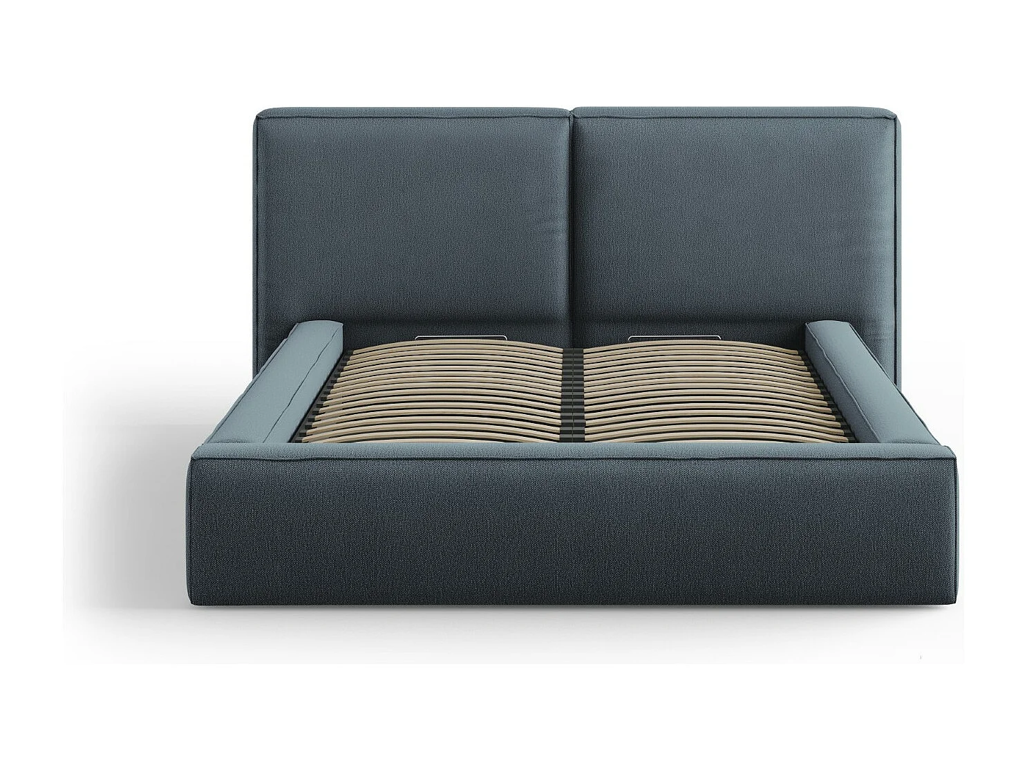 Cosmopolitan Design - Lit coffre avec tête de lit double "Arendal" 140x200cm en tissu structurel bleu - 228x194x97.5cm