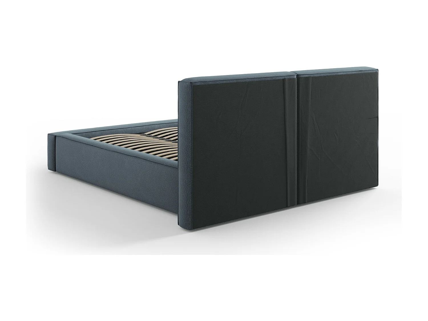 Cosmopolitan Design - Lit coffre avec tête de lit double "Arendal" 140x200cm en tissu structurel bleu - 228x194x97.5cm