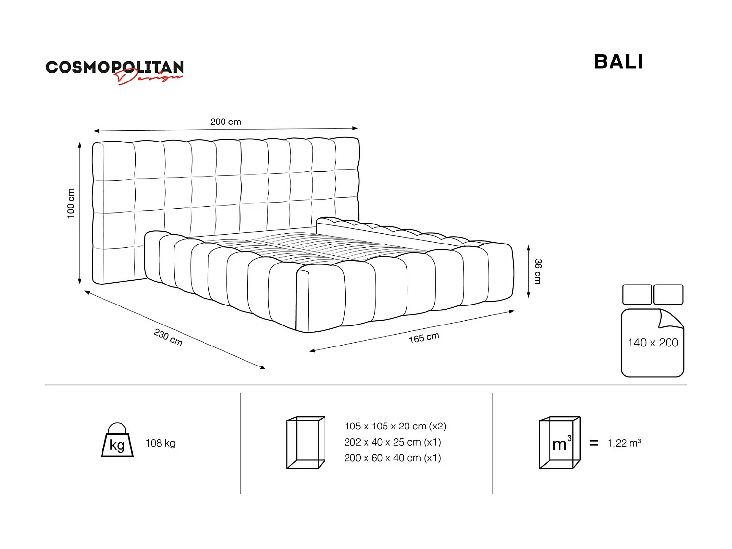 Cosmopolitan Design - Cama con cabecero doble y baúl "Bali" 140x200cm de terciopelo azul oscuro - 230x200x100cm