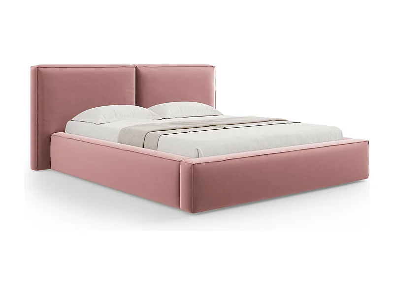 Cosmopolitan Design - Opbergbed met dubbel hoofdbord "Arendal" 140x200cm, Flueel, Roze - 228x194x97.5cm