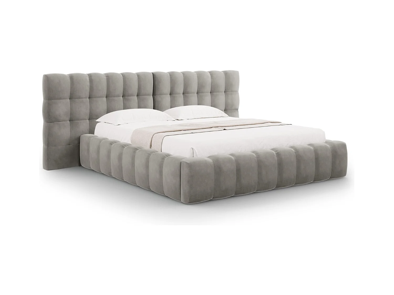Cosmopolitan Design - Lit coffre avec tête de lit double "Bali" 200x200cm en velours gris clair - 230x350x100cm