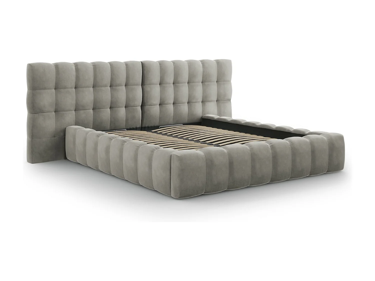 Cosmopolitan Design - Opbergbed met dubbel hoofdbord "Bali" 200x200cm, Flueel, Lichtgrijs - 230x350x100cm