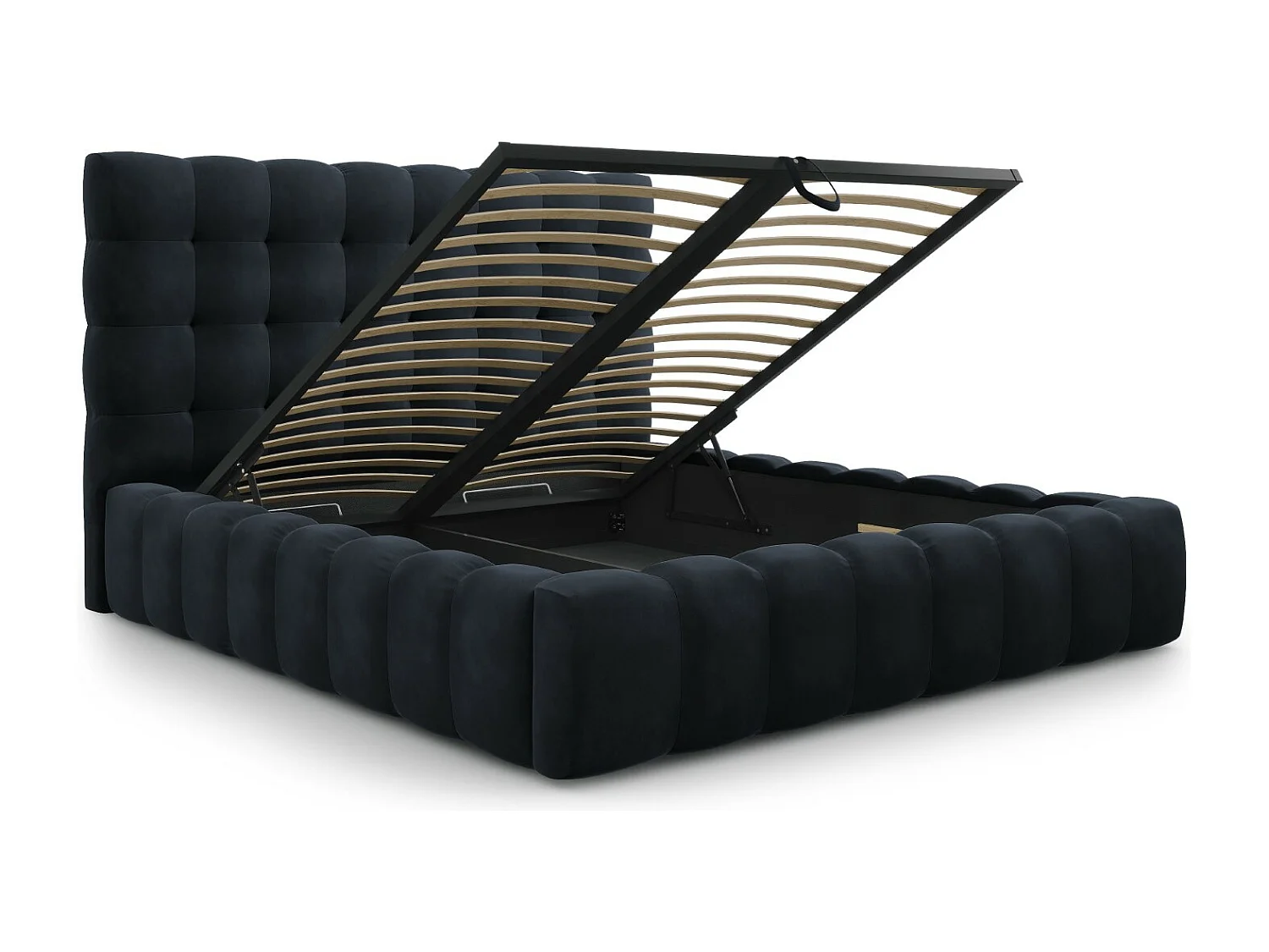 Cosmopolitan Design - Cama con cabecero y baúl "Bali" 160x200cm de terciopelo azul oscuro - 230x185x125cm