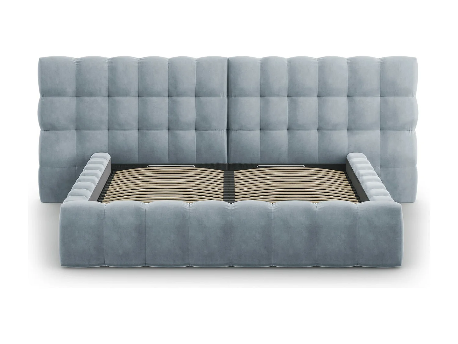 Cosmopolitan Design - Cama con cabecero doble y baúl "Bali" 140x200cm de terciopelo azul claro - 230x200x100cm