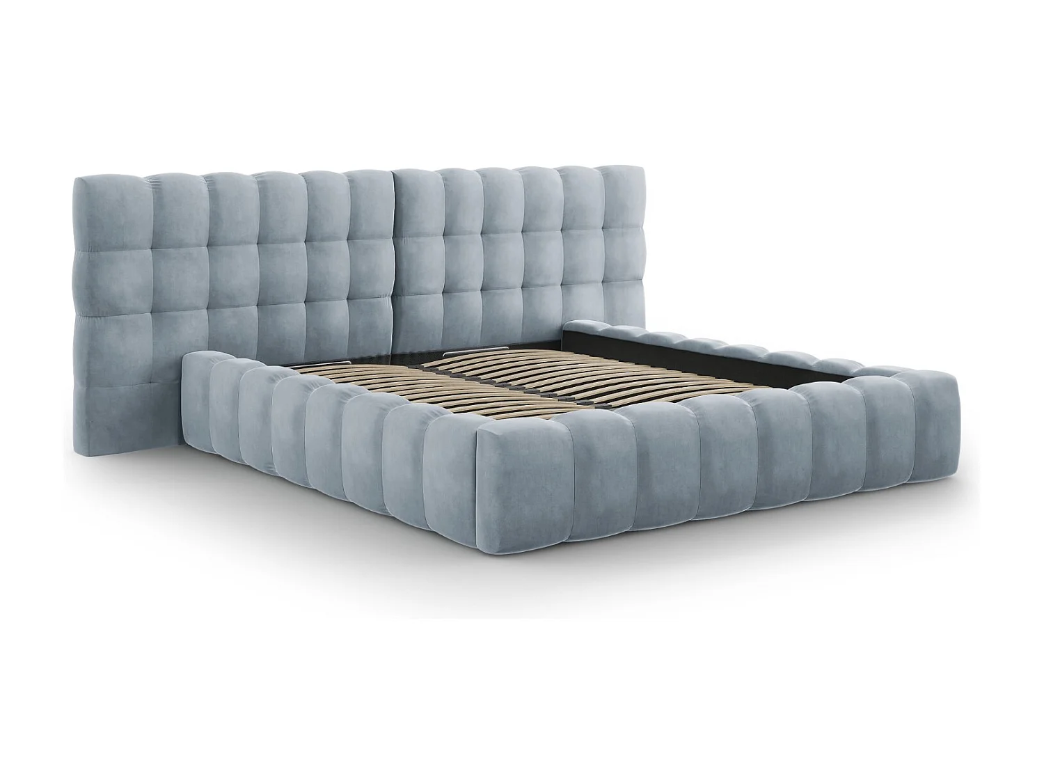 Cosmopolitan Design - Opbergbed met dubbel hoofdbord "Bali" 140x200cm, Flueel, Lichtblauw - 230x200x100cm