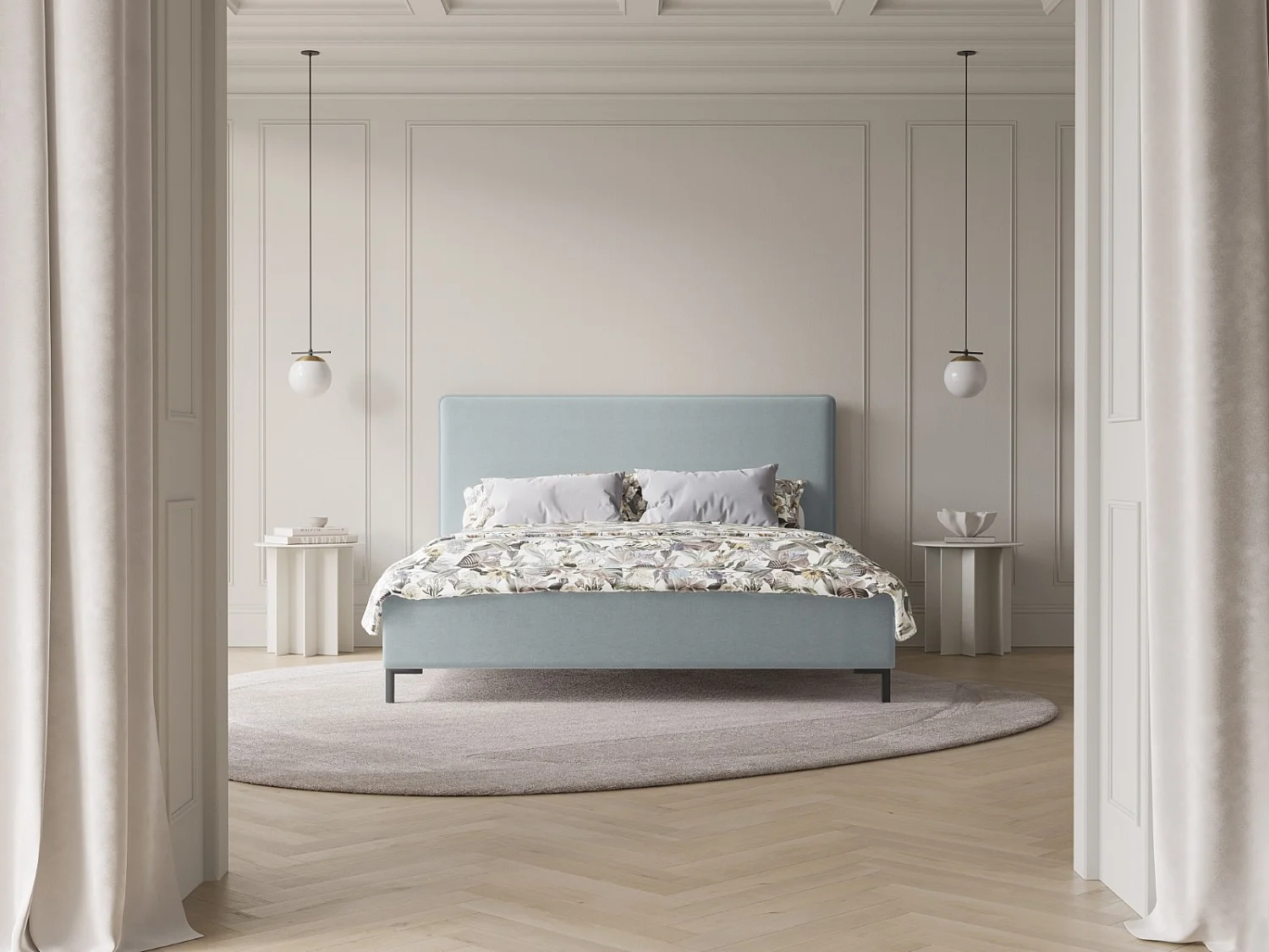 CXL by Christian Lacroix - Opbergbed met hoofdeinde "Polly" 160x200cm, Chenille, Satijn blauw - 220x170x120cm