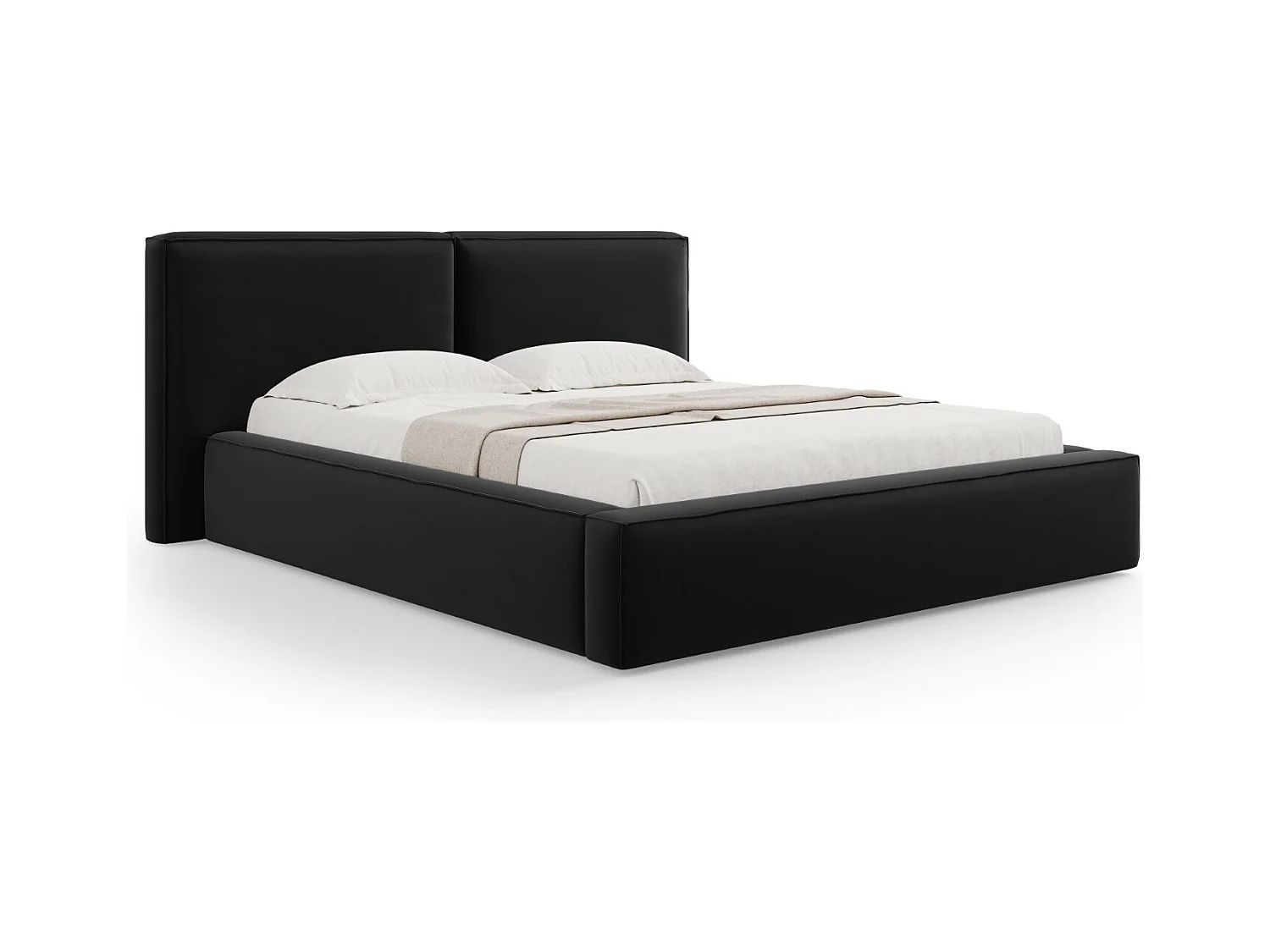 Cosmopolitan Design - Opbergbed met dubbel hoofdbord "Arendal" 200x200cm, Flueel, Zwart - 228x251x97.5cm