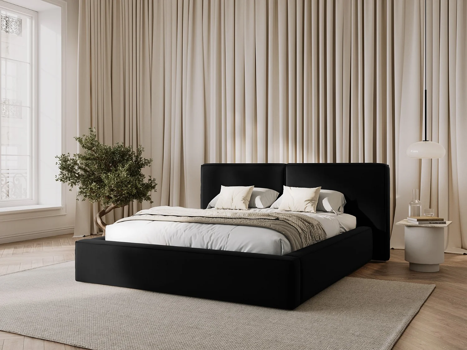 Cosmopolitan Design - Lit coffre avec tête de lit double "Arendal" 200x200cm en velours noir - 228x251x97.5cm