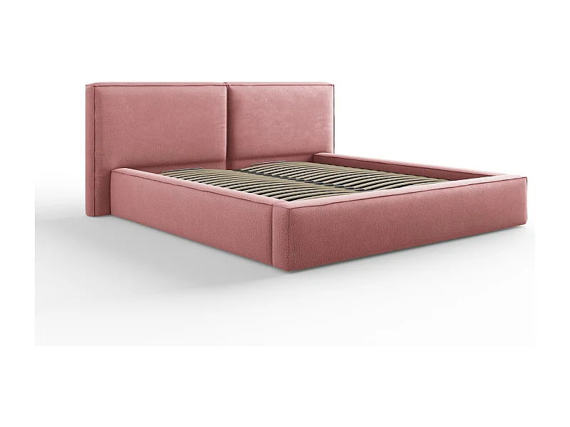 Cosmopolitan Design - Lit coffre avec tête de lit double "Arendal" 180x200cm en tissu structurel rose - 228x234x97.5cm