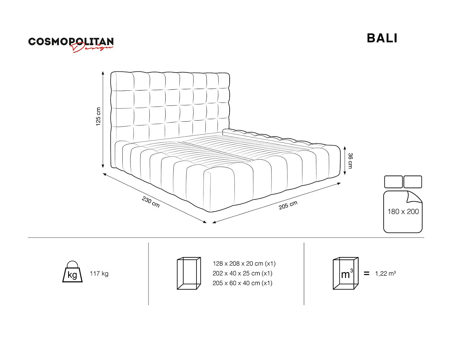 Cosmopolitan Design - Opbergbed met hoofdeinde "Bali" 180x200cm, Flueel, Lichtblauw - 230x205x125cm