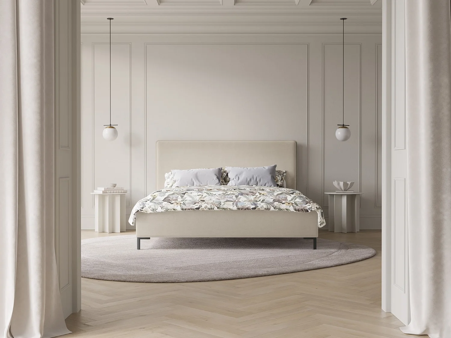 CXL by Christian Lacroix - Lit coffre avec tête de lit "Polly" 160x200cm en chenille beige clair - 220x170x120cm