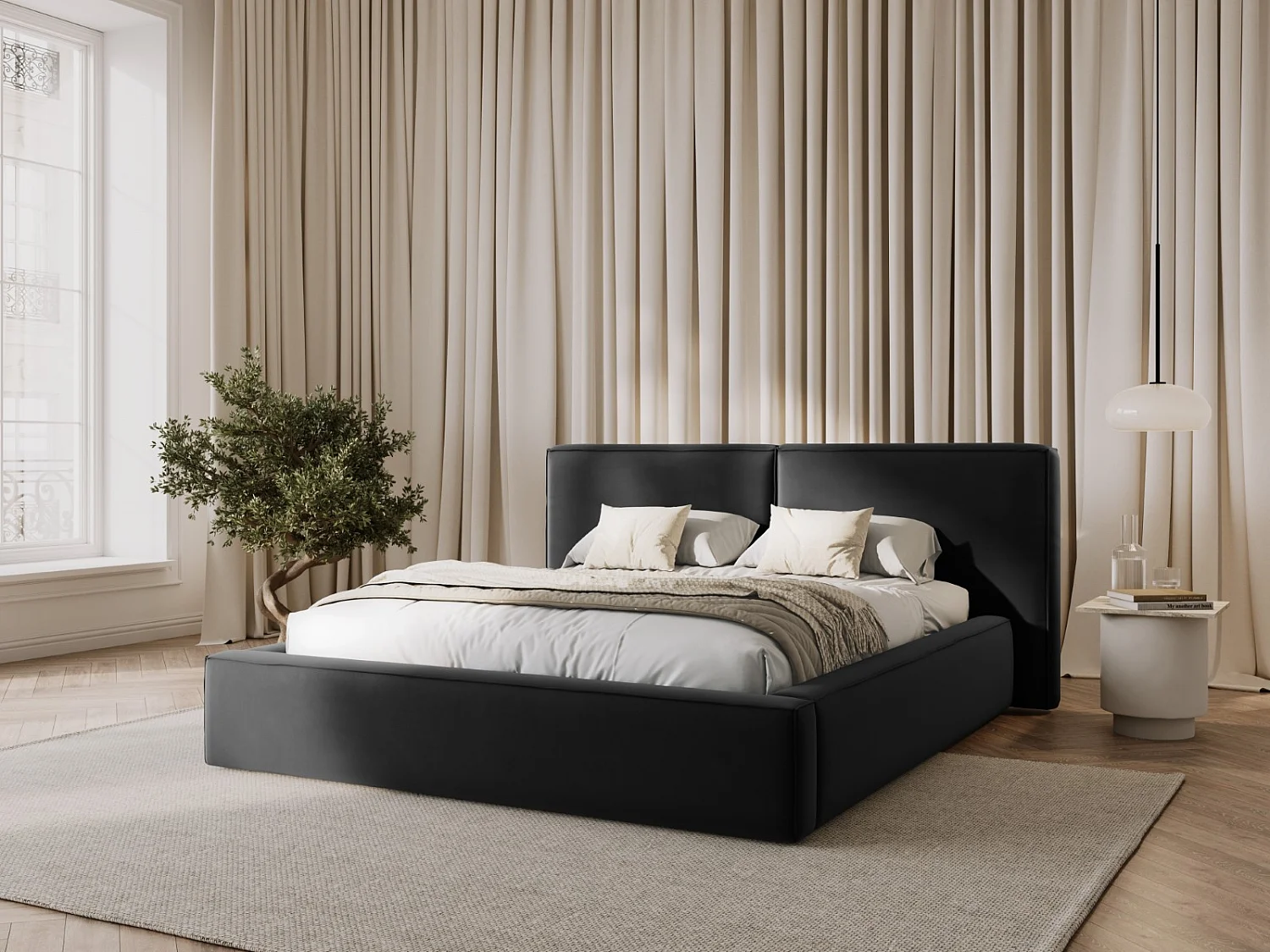 Cosmopolitan Design - Cama con cabecero doble y baúl "Arendal" 140x200cm de terciopelo gris - 228x194x97.5cm