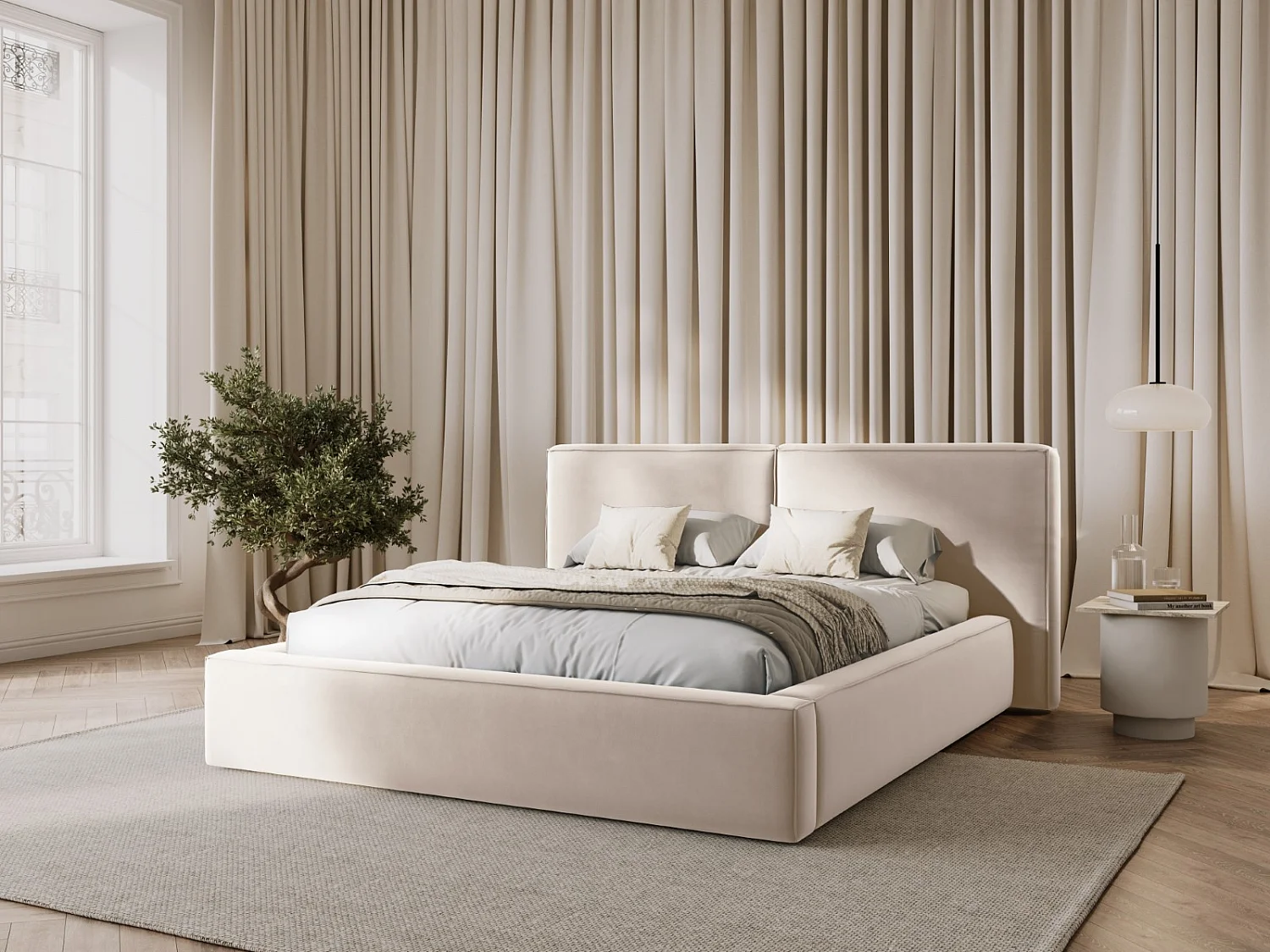 Cosmopolitan Design - Cama con cabecero doble y baúl "Arendal" 140x200cm de terciopelo beige claro - 228x194x97.5cm