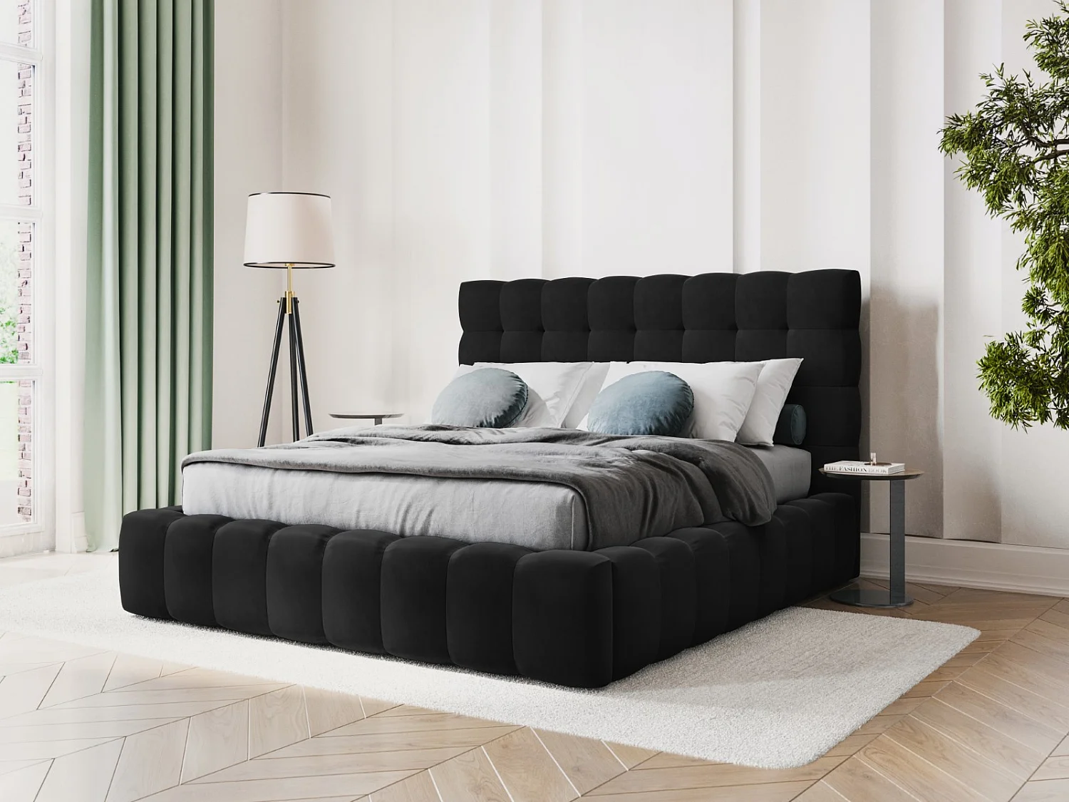 Cosmopolitan Design - Opbergbed met hoofdeinde "Bali" 140x200cm, Flueel, Zwart - 230x165x125cm
