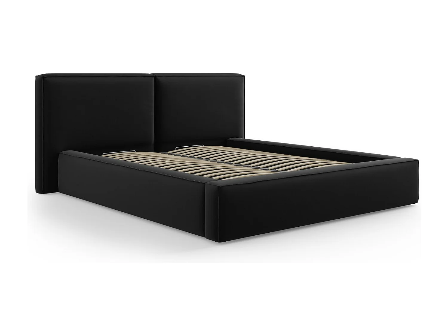 Cosmopolitan Design - Opbergbed met dubbel hoofdbord "Arendal" 160x200cm, Flueel, Zwart - 228x214x97.5cm