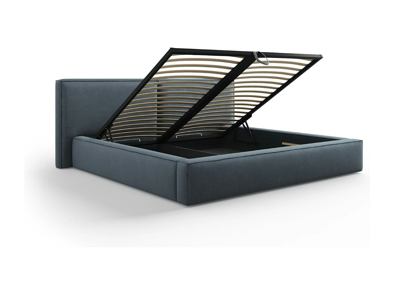 Cosmopolitan Design - Bett mit Bettkasten und Doppelkopfteil "Arendal" 200x200cm aus strukturiertem Stoff blau - 228x254x97.5cm