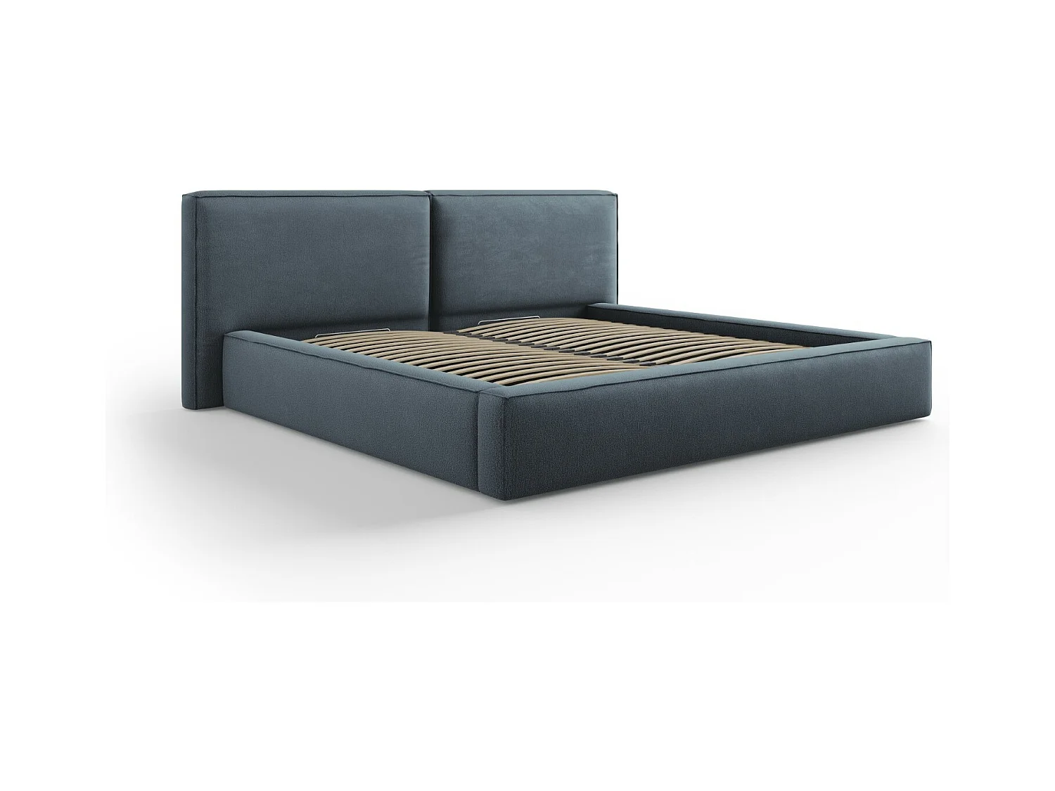 Cosmopolitan Design - Lit coffre avec tête de lit double "Arendal" 200x200cm en tissu structurel bleu - 228x254x97.5cm
