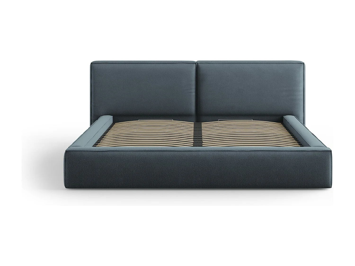 Cosmopolitan Design - Lit coffre avec tête de lit double "Arendal" 200x200cm en tissu structurel bleu - 228x254x97.5cm