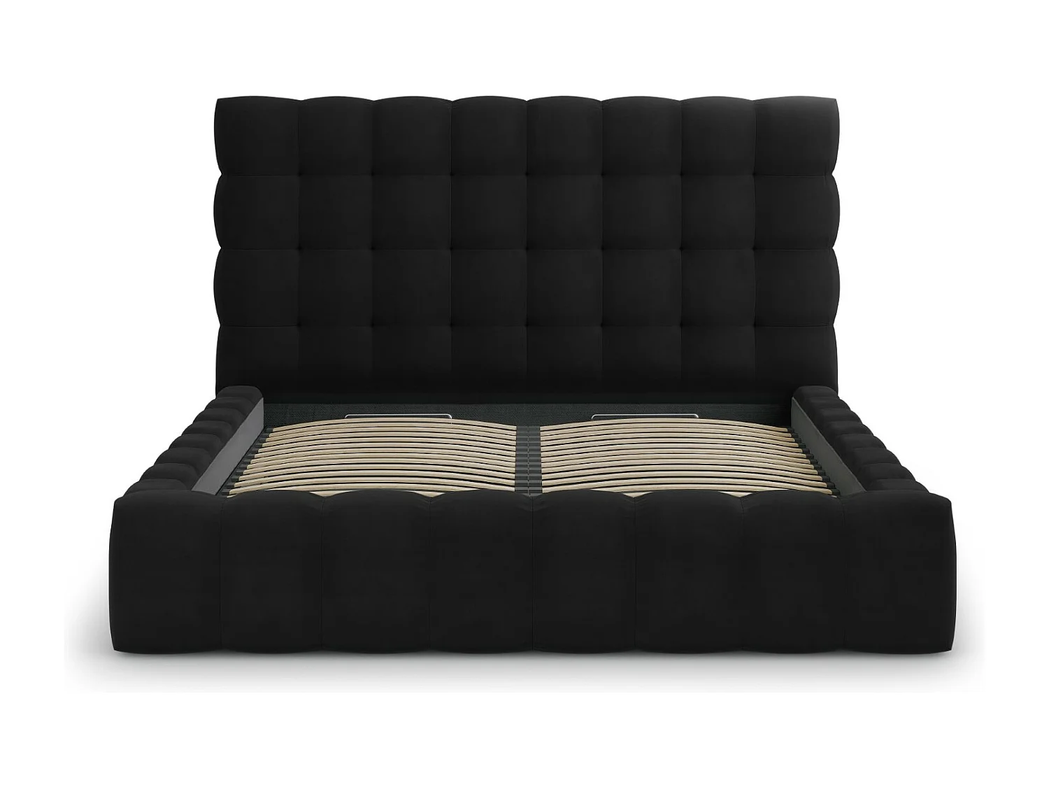 Cosmopolitan Design - Cama con cabecero y baúl "Bali" 200x200cm de terciopelo negro - 230x225x125cm