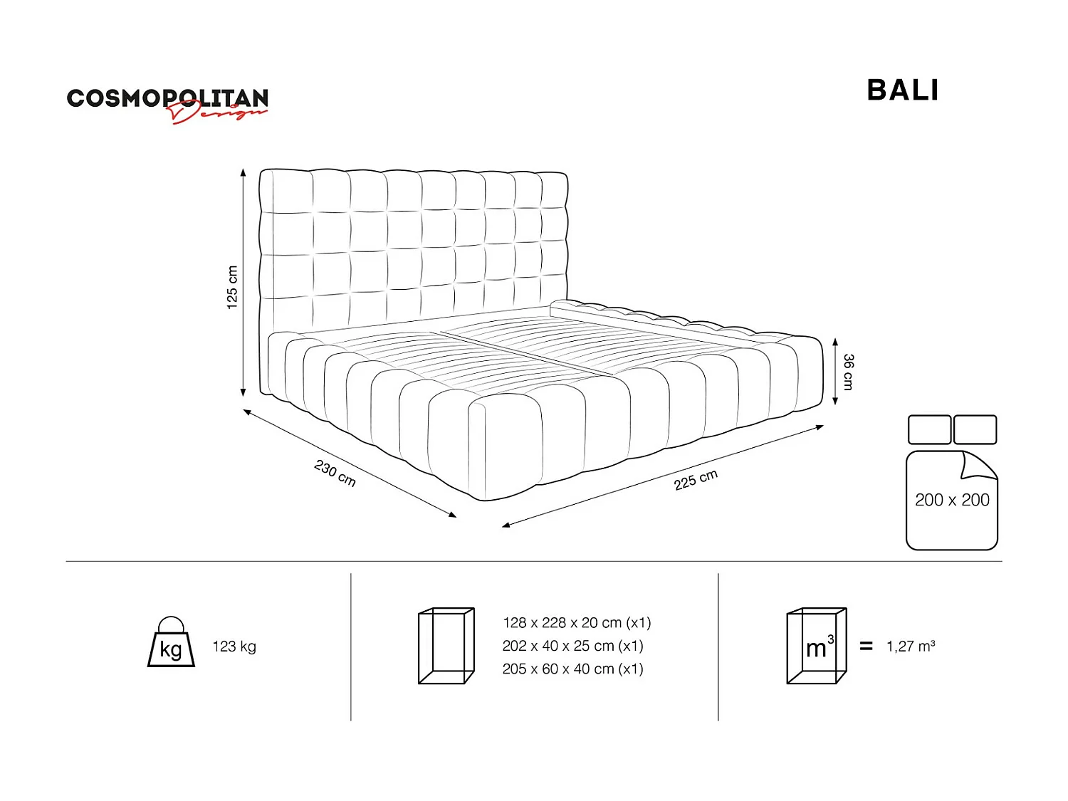 Cosmopolitan Design - Cama con cabecero y baúl "Bali" 200x200cm de terciopelo negro - 230x225x125cm