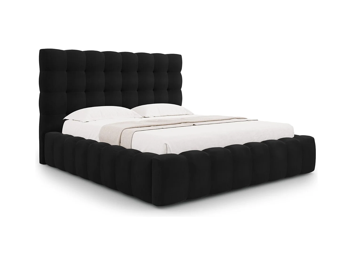 Cosmopolitan Design - Lit coffre avec tête de lit "Bali" 200x200cm en velours noir - 230x225x125cm