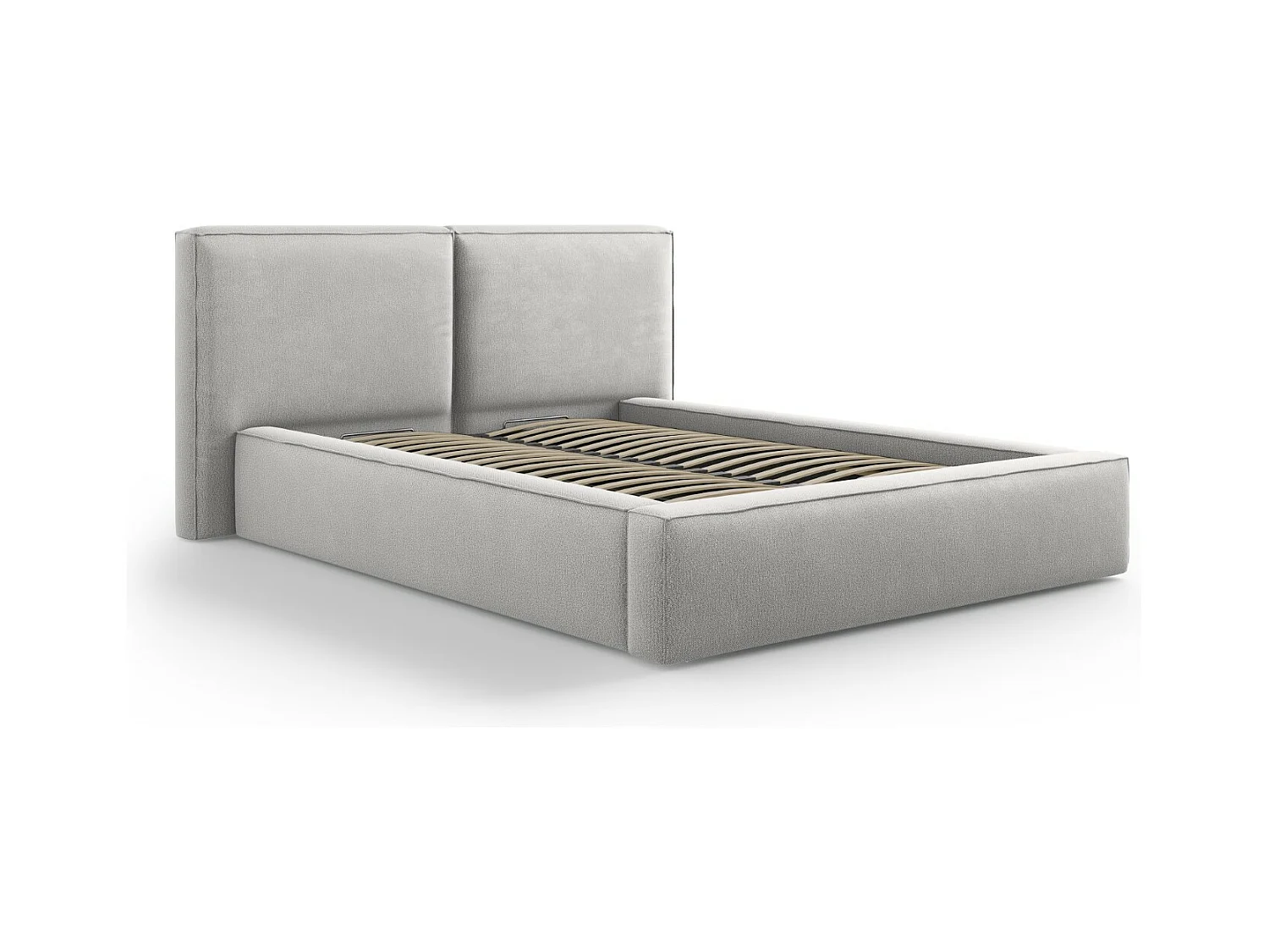 Cosmopolitan Design - Lit coffre avec tête de lit double "Arendal" 140x200cm en tissu structurel gris clair - 228x194x97.5cm