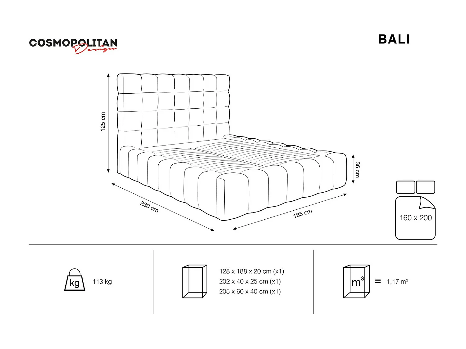 Cosmopolitan Design - Opbergbed met hoofdeinde "Bali" 160x200cm, Flueel, Lichtbeige - 230x185x125cm