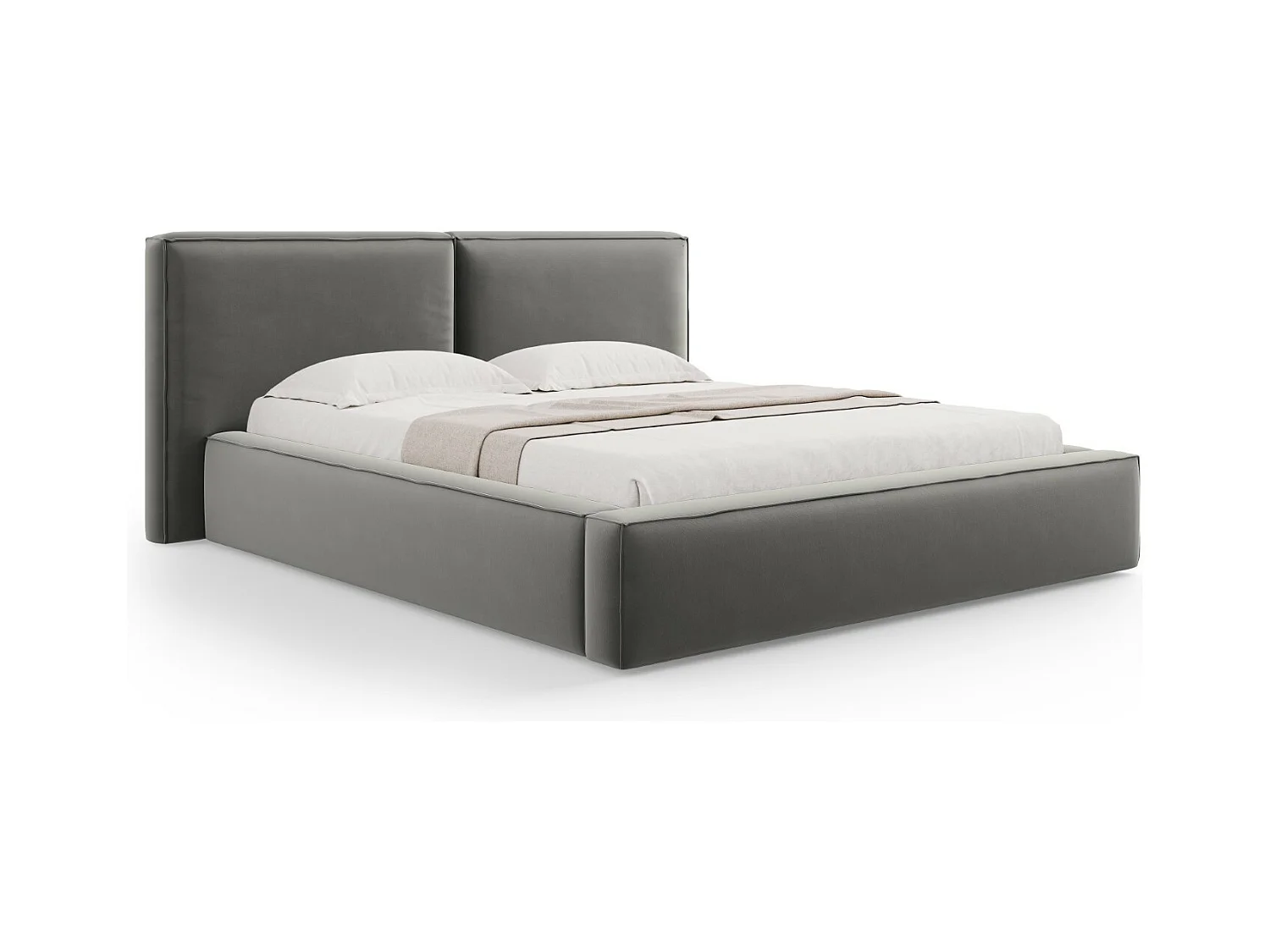 Cosmopolitan Design - Lit coffre avec tête de lit double "Arendal" 200x200cm en velours gris clair - 228x251x97.5cm