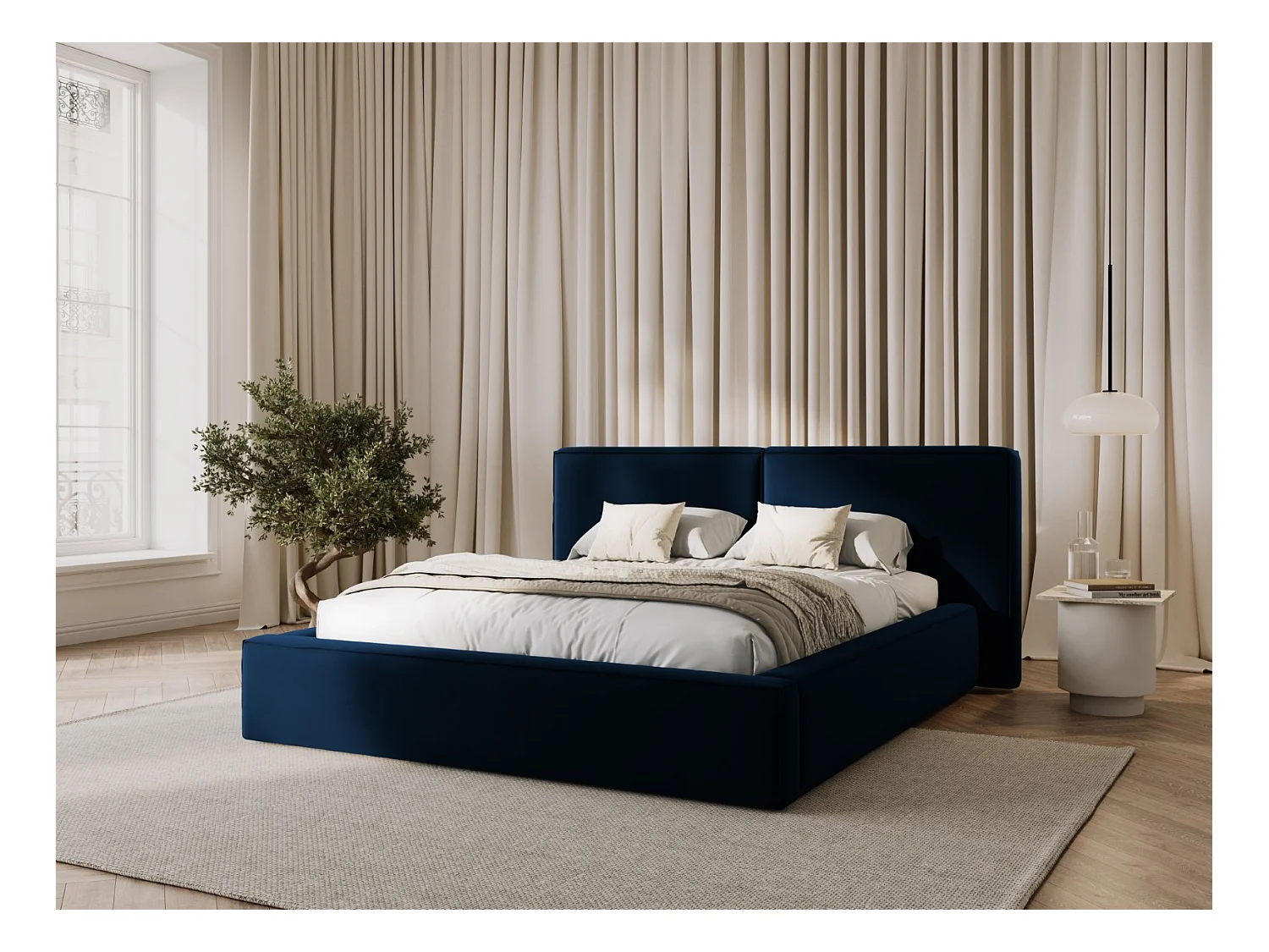 Cosmopolitan Design - Łóżko ze schowkiem i podwójnym zagłówkiem, "Arendal" 180x200cm welur, błękit królewski - 228x234x97.5cm