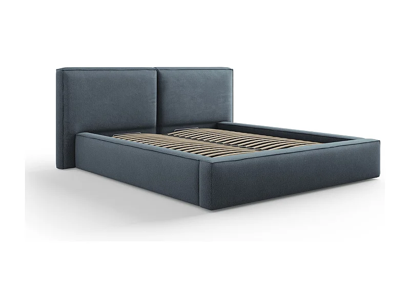Cosmopolitan Design - Lit coffre avec tête de lit double "Arendal" 160x200cm en tissu structurel bleu - 228x214x97.5cm