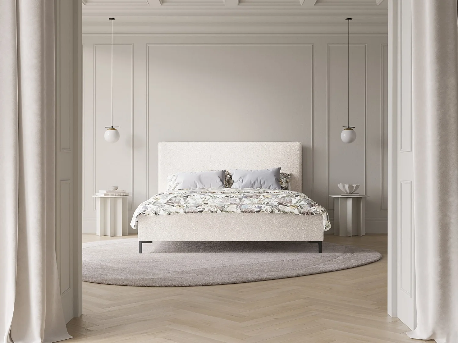 CXL by Christian Lacroix - Lit coffre avec tête de lit "Polly" 180x200cm en bouclé blanc - 220x190x120cm