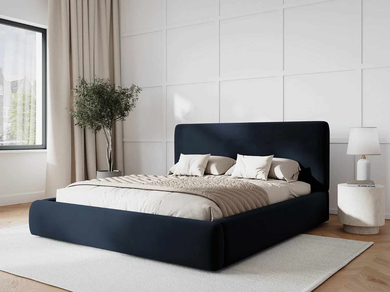 Cosmopolitan Design - Opbergbed met hoofdeinde "Colonel" 140x200cm, Flueel, Donkerblauw - 220x160x100cm