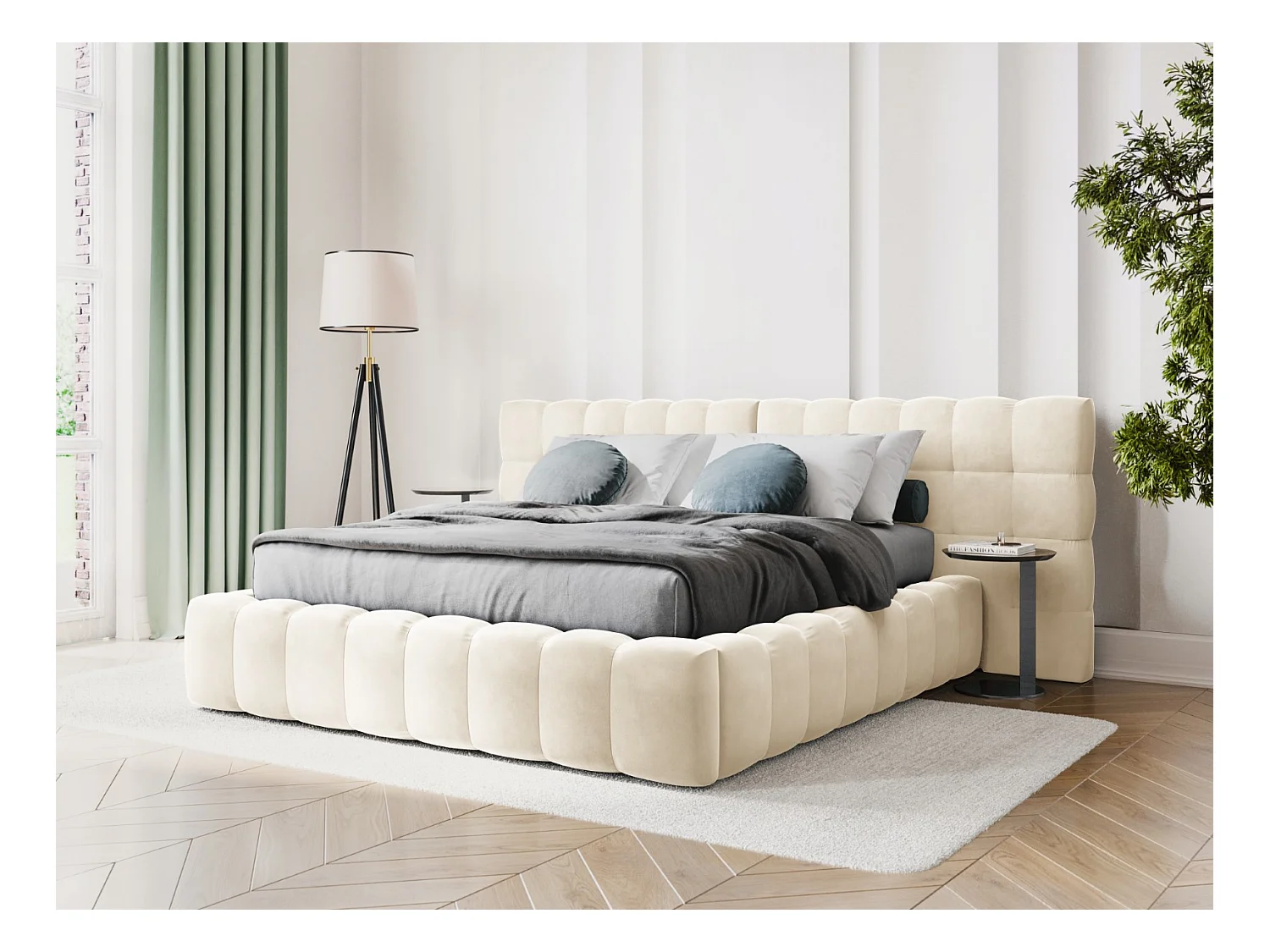 Cosmopolitan Design - Łóżko ze schowkiem i podwójnym zagłówkiem, "Bali" 160x200cm welur, beż jasny - 230x250x100cm