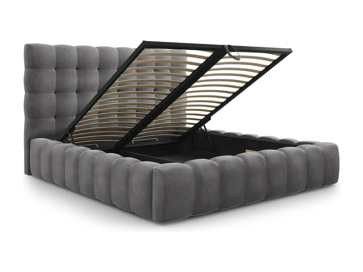 Cosmopolitan Design - Lit coffre avec tête de lit "Bali" 140x200cm en velours gris - 230x165x125cm