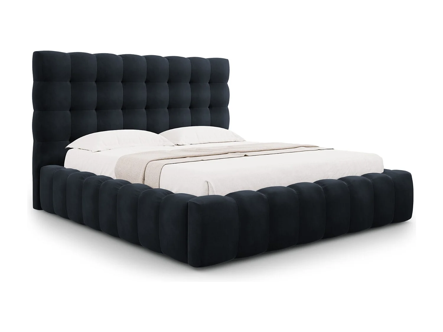 Cosmopolitan Design - Cama con cabecero y baúl "Bali" 200x200cm de terciopelo azul oscuro - 230x225x125cm