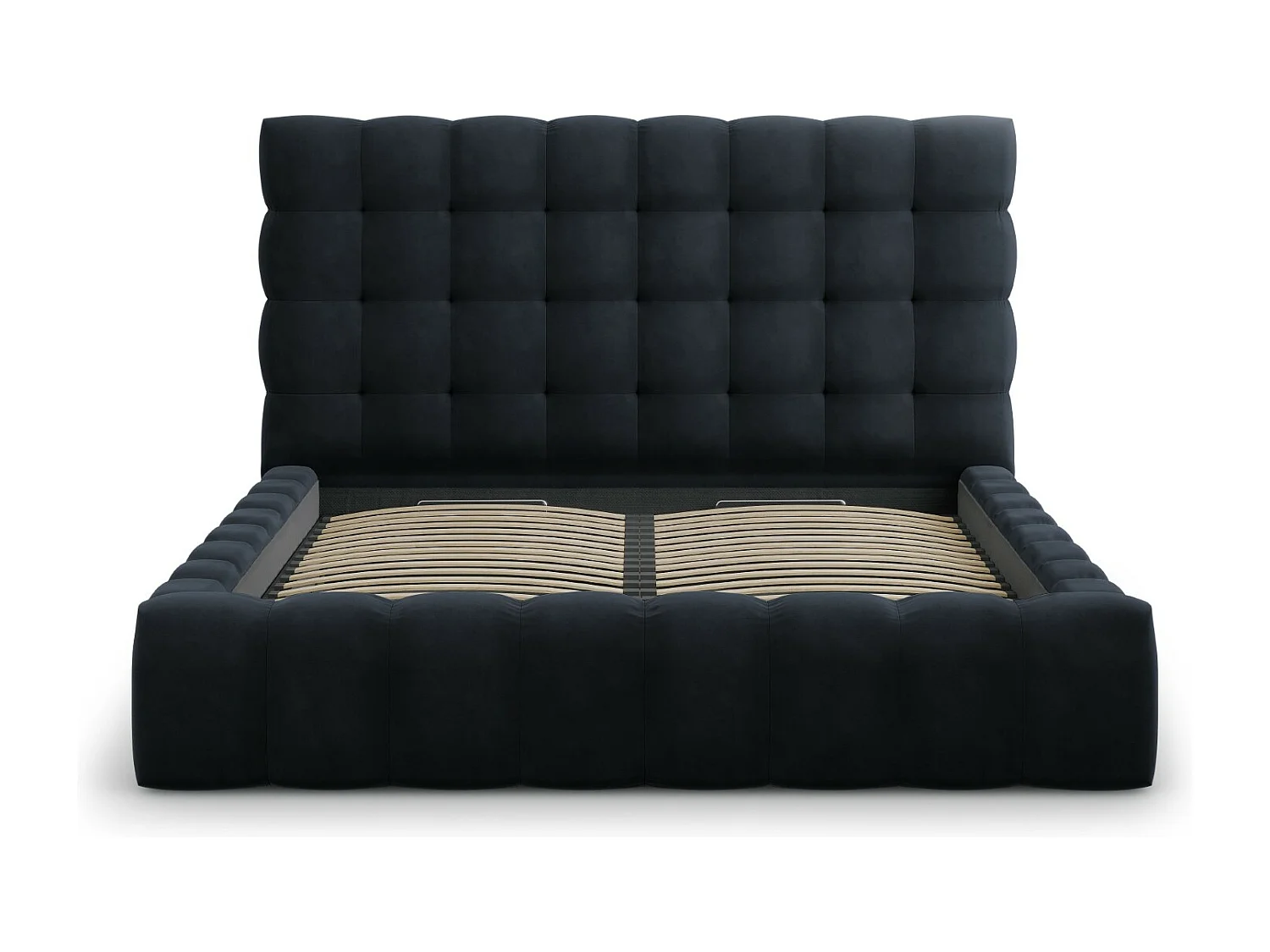 Cosmopolitan Design - Cama con cabecero y baúl "Bali" 200x200cm de terciopelo azul oscuro - 230x225x125cm