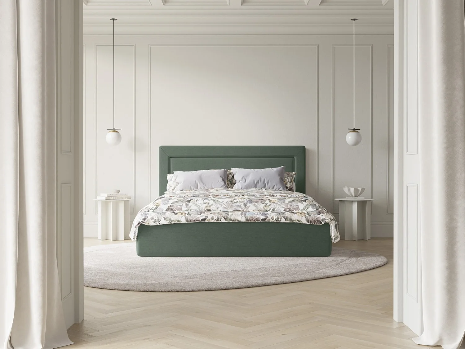 CXL by Christian Lacroix - Lit coffre avec tête de lit "Valerie" 140x200cm en chenille vert mousse - 230x165x120cm