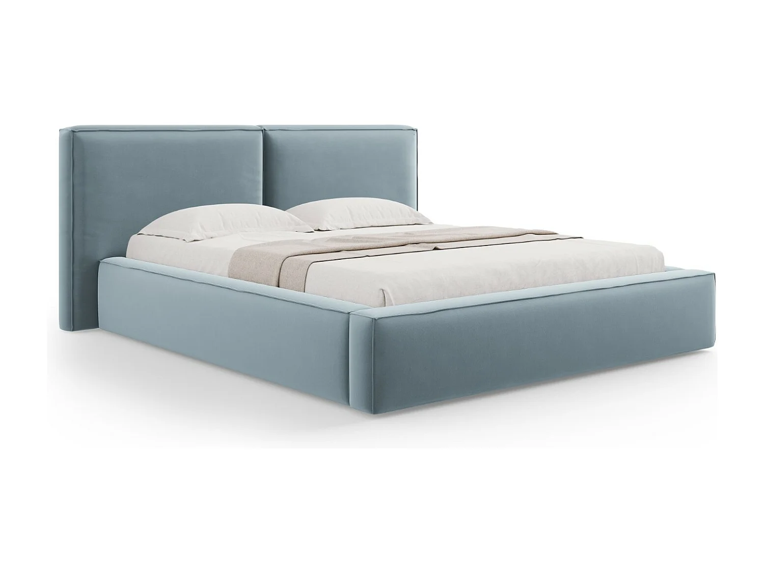 Cosmopolitan Design - Cama con cabecero doble y baúl "Arendal" 140x200cm de terciopelo azul claro - 228x194x97.5cm