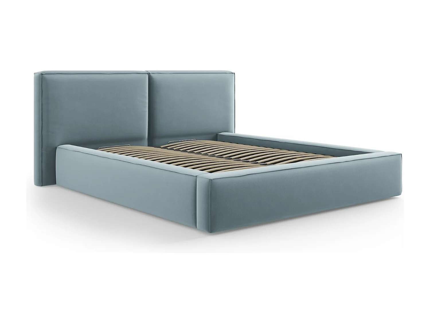 Cosmopolitan Design - Cama con cabecero doble y baúl "Arendal" 140x200cm de terciopelo azul claro - 228x194x97.5cm