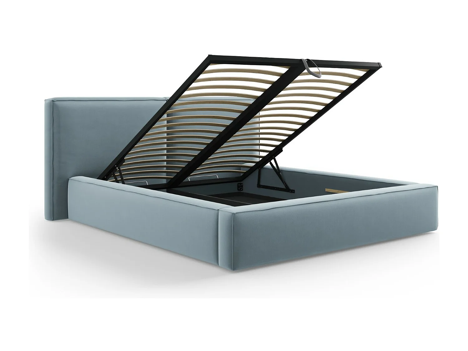 Cosmopolitan Design - Opbergbed met dubbel hoofdbord "Arendal" 140x200cm, Flueel, Lichtblauw - 228x194x97.5cm