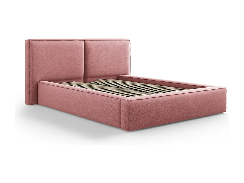 Cosmopolitan Design - Lit coffre avec tête de lit double "Arendal" 140x200cm en tissu structurel rose - 228x194x97.5cm