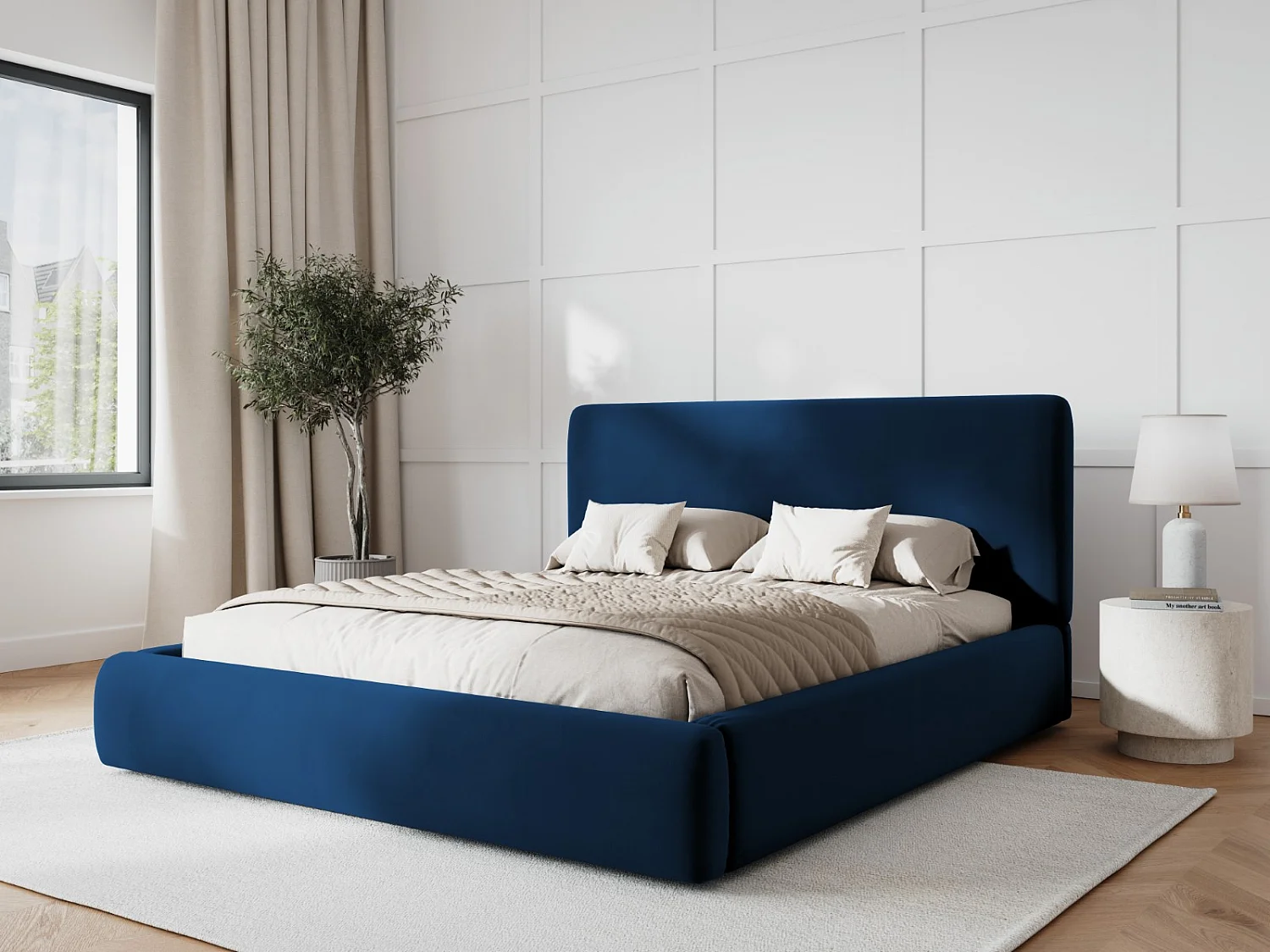 Cosmopolitan Design - Cama con cabecero y baúl "Colonel" 140x200cm de terciopelo azul regio - 220x160x100cm